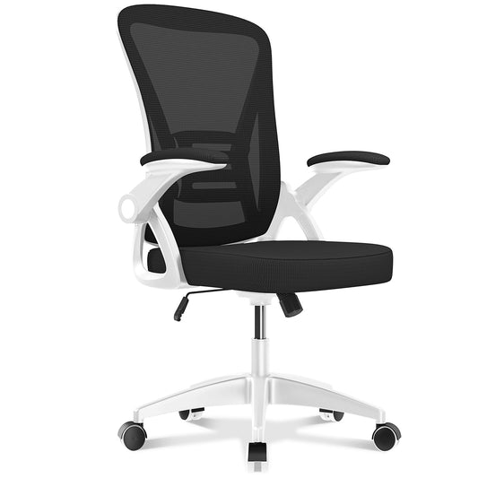Ergonomic Office Chair, Mid-Back Computer Chair with Adjustable Height, Flip-Up Arms and Lumbar Support, Mesh Desk Chair, Gray