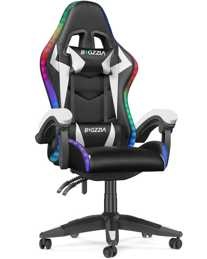 Gaming Chair with LED Lights, Computer Chair with Lumbar Support, Ergonomic High Back Video Game Chair with Swivel Seat and Headrest, Green