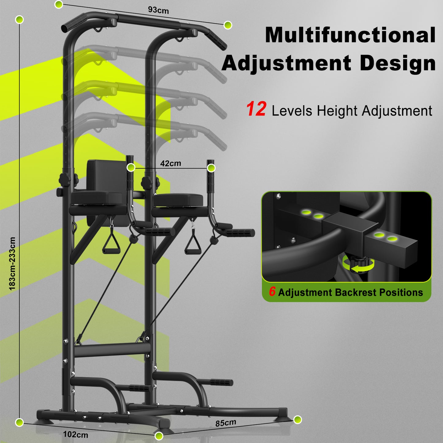 Dskeuzeew Power Tower Dip Station Pull Up Bar, Adjustable Height Multi-Function Power Tower, Push Up Workout Abdominal Exercise for Home Gym Strength Training Fitness Workout Equipment