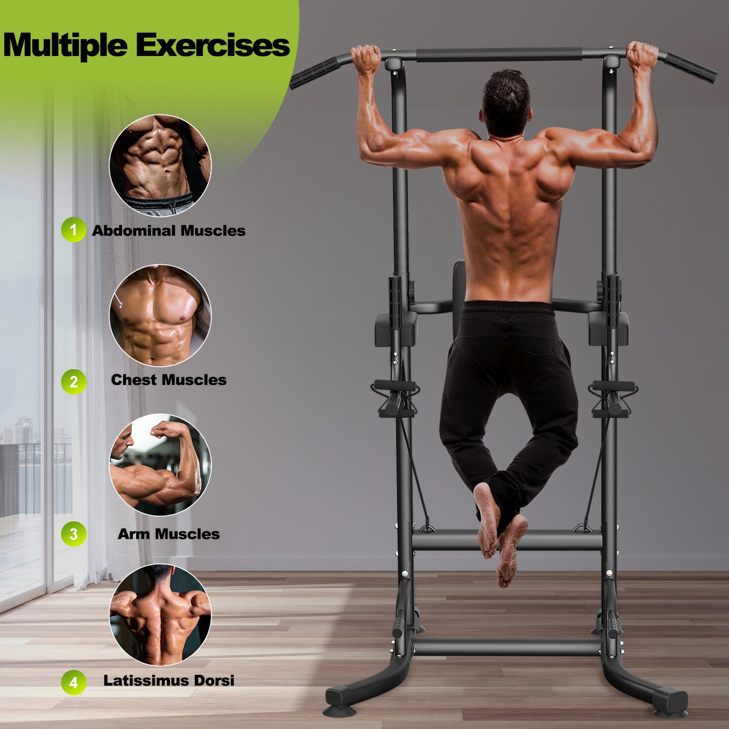 Dskeuzeew Power Tower Dip Station Pull Up Bar, Adjustable Height Multi-Function Power Tower, Push Up Workout Abdominal Exercise for Home Gym Strength Training Fitness Workout Equipment
