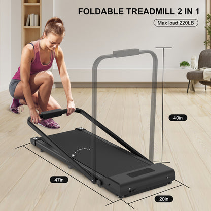 2 in 1 Folding Treadmill, Under Desk Treadmill with Phone/Tablet Holder, Powerful and Quiet Walking Jogging Running Treadmill with Remote Control for Home Office